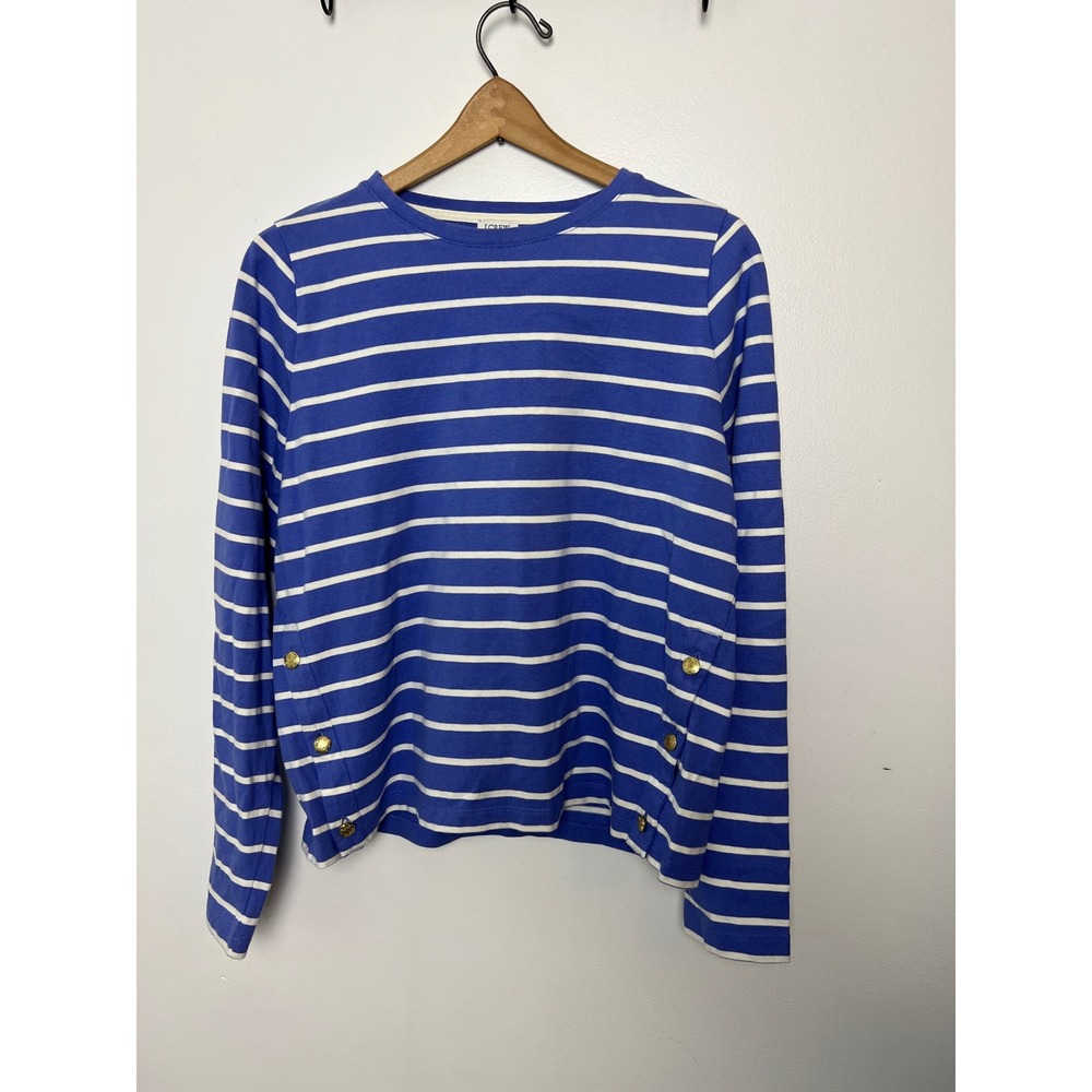 J.Crew Blue White Striped Long Sleeve T-Shirt Gold Side Button Detail Size L